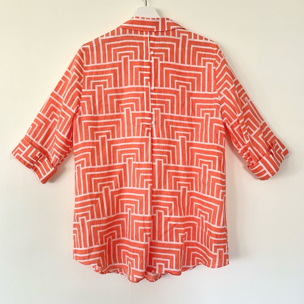 Chicos linen coral orange and white geometric design 3/4 sleeve tunic - Picture 7 of 16